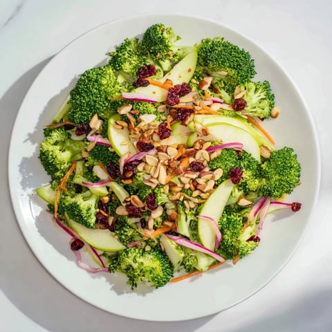 Bright, colorful Broccoli and Apple Hot Girl Salad; crunchy broccoli and apple slices with a vibrant dressing.