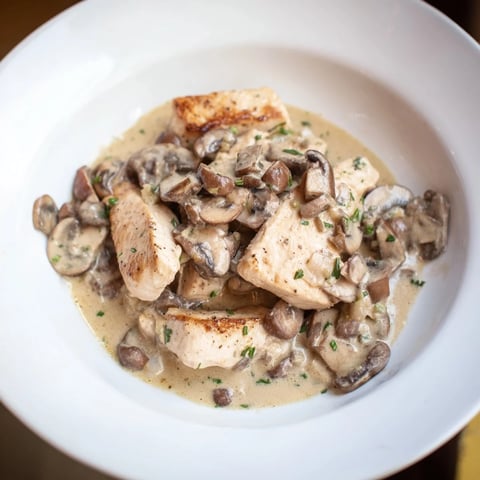 Golden-brown Tarragon Chicken & Mushroom Skillet with creamy sauce, ready to serve, garnished with fresh tarragon.