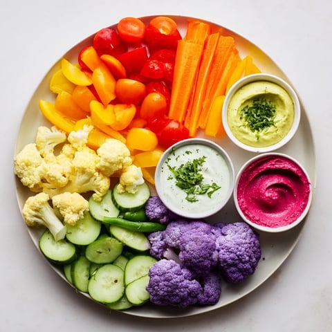 Vibrant rainbow vegetable dips platter with creamy avocado, beet hummus, and herb yogurt, so fresh!