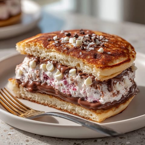 Close-up of ice cream sandwich pancakes dipped in glossy milk chocolate shell, perfect for summer dessert cravings.