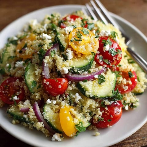 Refreshing cucumber mint quinoa salad served chilled, garnished with feta and juicy cherry tomatoes.