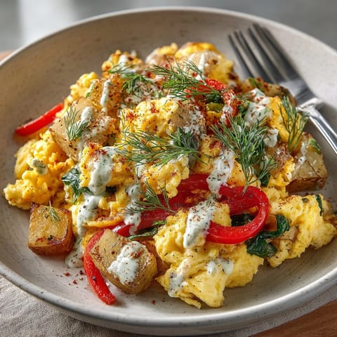 Vibrant Pickle-Fix Prairie Scramble with Dill Ranch Drizzle served in a skillet, steaming and colorful.