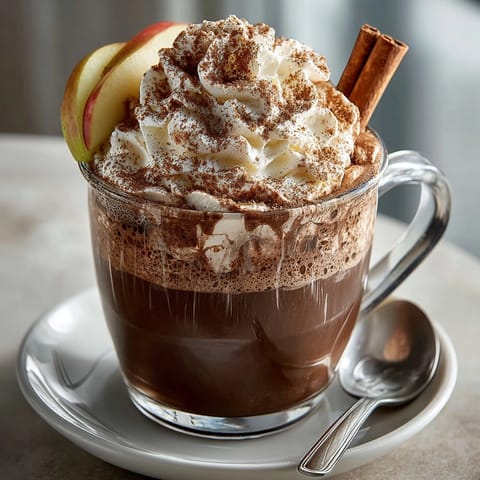 Steaming Rebel Float Apple Cider Hot Chocolate with Cinnamon Float garnished with apple slices and cinnamon stick.