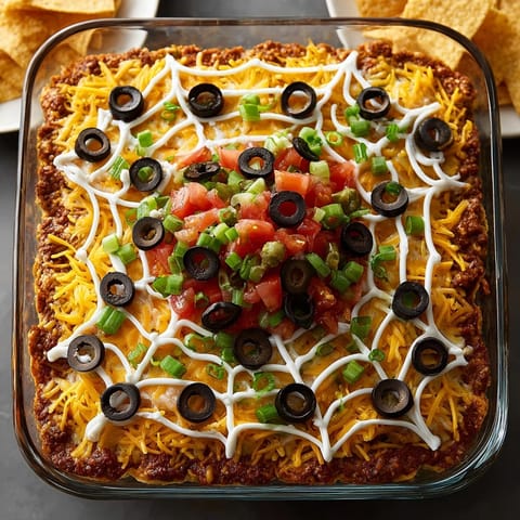 A close-up of the festive spiderweb seven-layer dip, featuring cute olive bat garnishes.