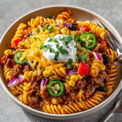 This colorful Halloween Taco Pasta dish shows the melted orange cheddar smothering the pasta.