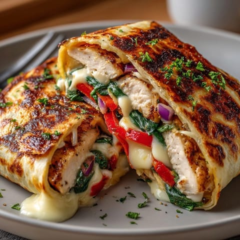 A close-up of savory Comfort Food Chicken Alfredo Wraps, ready to eat, with fresh parsley garnish.