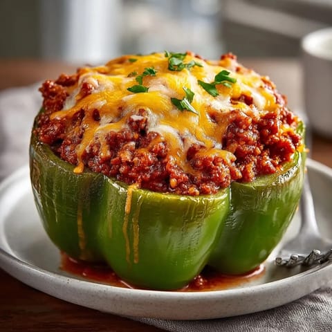 A close-up of vibrant Sloppy Joe Stuffed Peppers, overflowing with savory meat and melted cheddar.