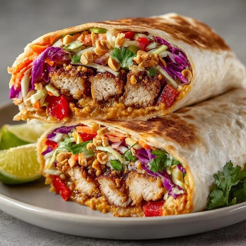 Close-up of Thai Peanut Chicken Wraps filled with colorful vegetables and creamy peanut sauce