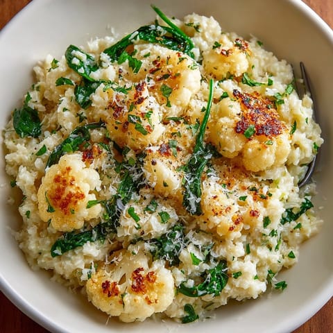 Steaming Garlic Parmesan Cauliflower Risotto served in a white bowl with extra melted cheese.