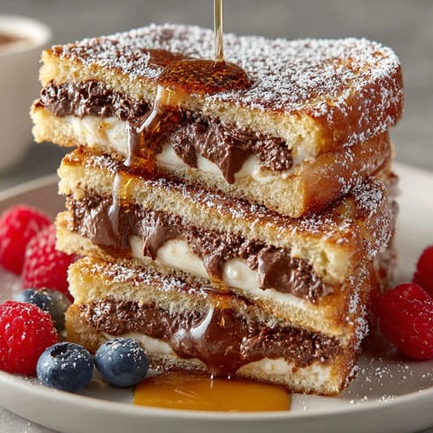 Golden, gooey Chocolate Peanut Butter French Toast oozing rich chocolate and creamy peanut butter filling.