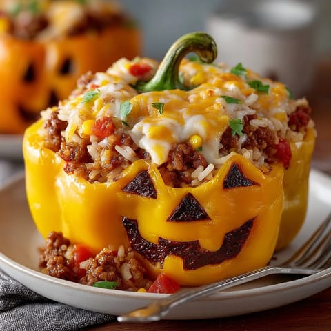 Warm, cheesy Jack-o'-Lantern Stuffed Bell Peppers, filled with flavorful ground meat and rice.