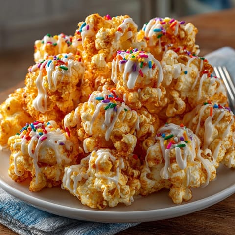 Homemade Pumpkin Spice Popcorn with Candy Drizzle: A vibrant, textural snack experience.