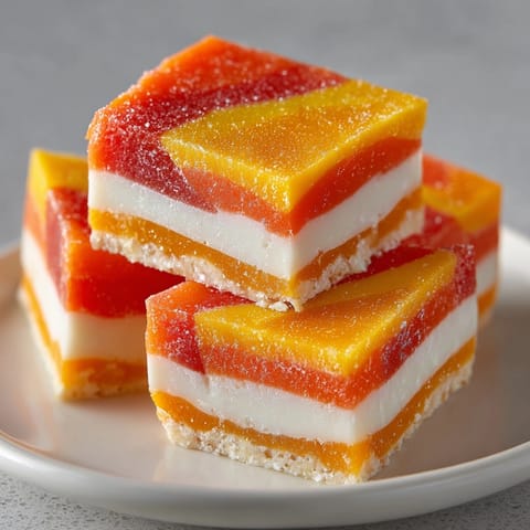 Vibrant Candy Corn Fudge layered dessert: yellow, orange, and white, for an easy party treat.