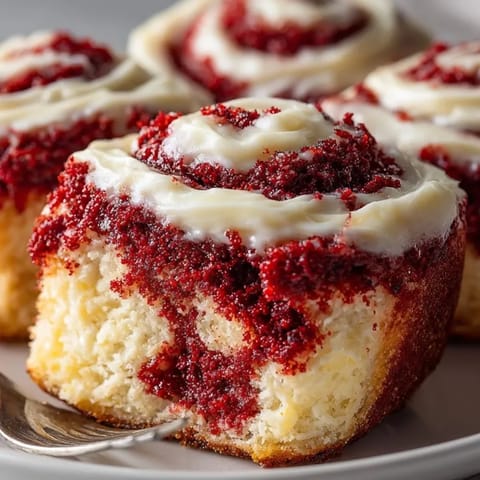 Red Velvet Cinnamon Rolls: Soft, homemade rolls with a creamy, sweet cheese frosting.