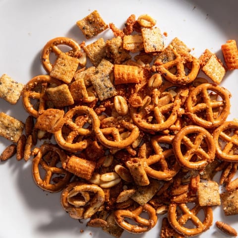 Close-up of crunchy Everything Ranch Pretzel Mix showing seasoned pretzels, bagel chips, and nuts.