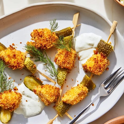 Golden Pickle Popcorn Chicken Skewers marinated in dill brine for a zesty flavor.  