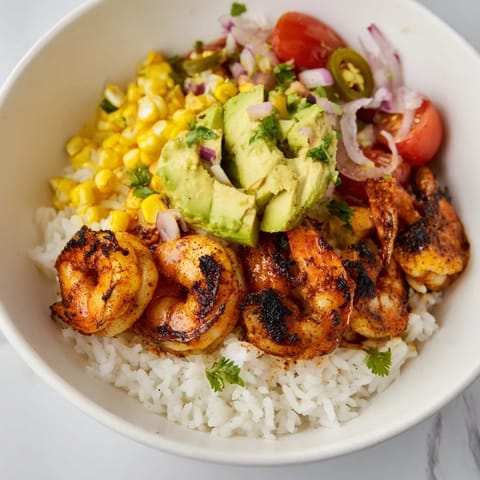 Vivid image of Easy Grilled Shrimp Bowls, showing grilled shrimp and fresh colorful corn salsa.