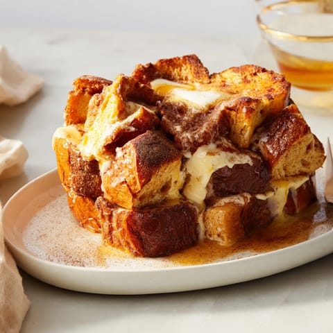 Warm, custardy French Toast Bake topped with a cinnamon-sugar crust, ready to serve with berries.