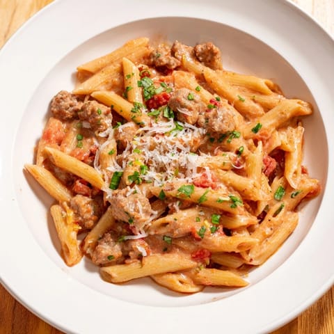 A close-up of Creamy Tomato and Sausage Pasta: penne coated in a rich, velvety tomato sauce alongside sausage.