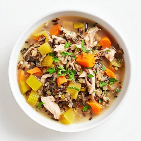 Warm and creamy Quick Chicken and Wild Rice Soup, filled with tender chicken and vegetables.