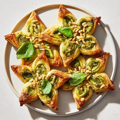Warm, flaky Savory Bites: Star-Shaped Pesto Pinwheels showcase vibrant green pesto and a delicious Parmesan flavor.