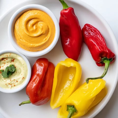A vibrant Spicy Chili Pepper Fiesta platter showcases an assortment of peppers and creamy, colorful dips.
