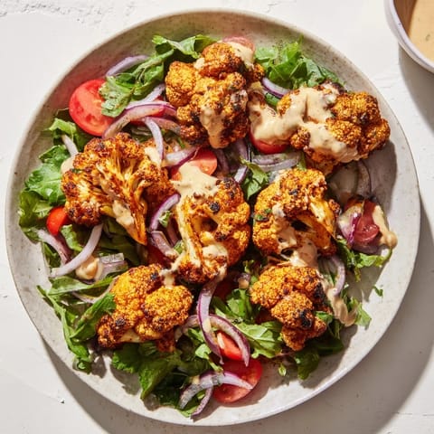 A flavorful bowl of crispy cauliflower salad, garnished with fresh herbs and a drizzle of tahini sauce.