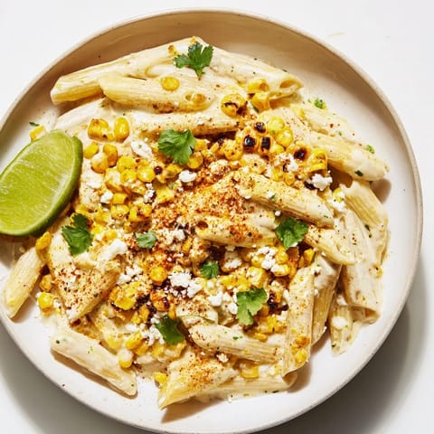 This delicious bowl of Mexican Street Corn Pasta features charred corn, creamy sauce, and zesty lime.