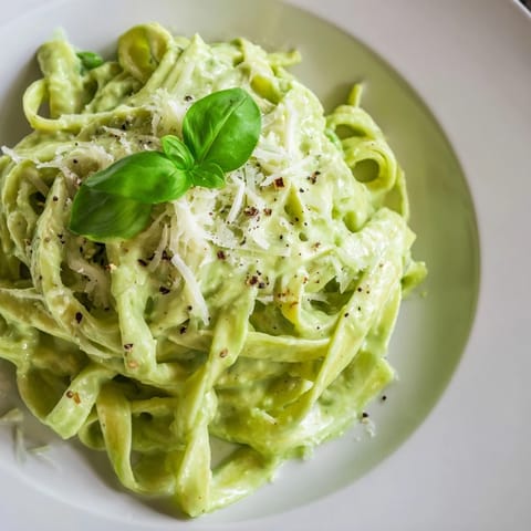 A close-up of Creamy Green Pea Alfredo pasta with a vibrant green sauce clinging to noodles, garnished with extra Parmesan cheese.