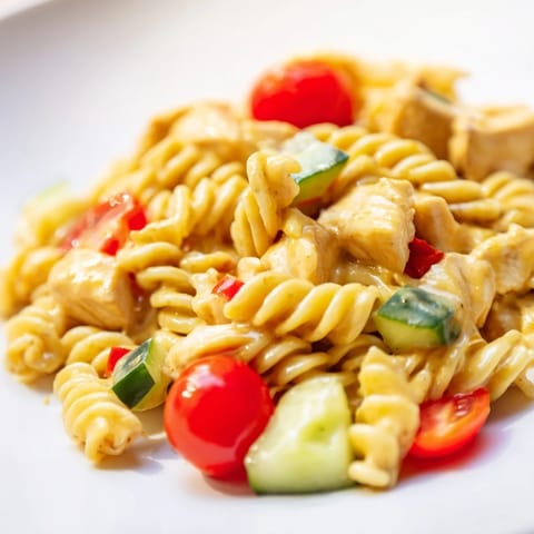 A vibrant bowl of Honey Mustard Chicken Pasta Salad served on a wooden table for lunch.