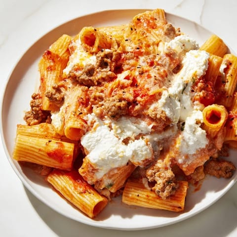 A close-up of Freezer Make-Ahead Baked Ziti shows golden cheese pull, steam rising from hearty, family-style pasta in a ceramic dish.