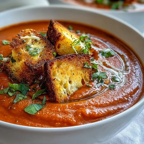 Garnished Creamy Roasted Tomato Soup, a comforting bowl ready for enjoying.