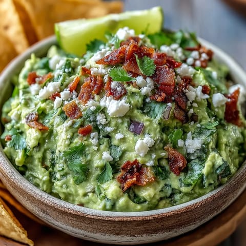 Sizzling bacon crumbles top a bowl of Bacon Guacamole With Cotija Cheese, surrounded by tortilla chips for dipping.
