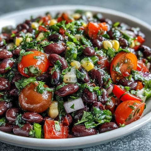 Freshly prepared Cowboy Caviar topped with chopped cilantro, served with crunchy tortilla chips for dipping at a party.