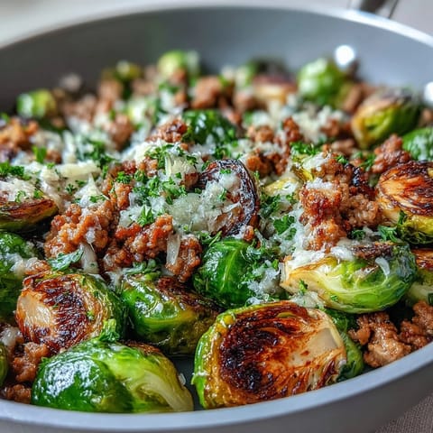Golden-brown Brussels sprouts and savory ground turkey sizzle in a skillet with a sprinkle of Parmesan.