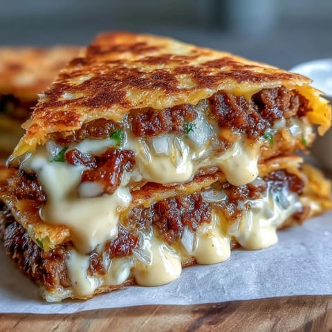 Sizzling smashburger patties stuffed inside a crispy flour tortilla, served with a tangy mayo-mustard dipping sauce.