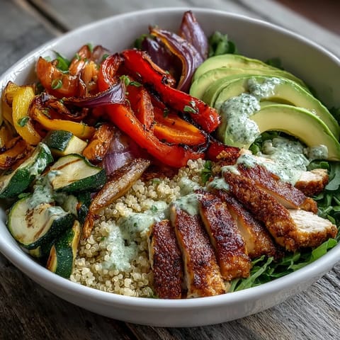 A hearty serving of Paprika Roasted Vegetable Quinoa Bowl, showcasing colorful roasted veggies and fresh greens in a warm meal.