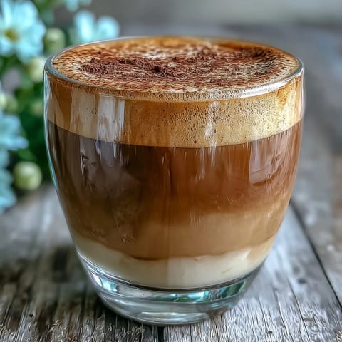 A close-up of a warm Hojicha Cortado in a ceramic cup, topped with delicate, velvety milk foam and a light dusting of roasted tea powder.  