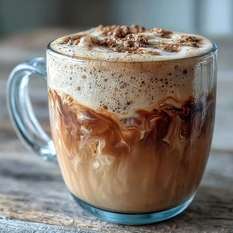 A warm mug of Hojicha Latte with Vanilla Extract, topped with a delicate foam and a light dusting of roasted tea powder.  