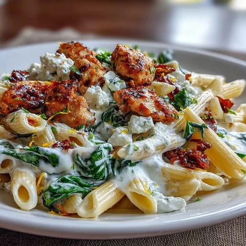 Steam rises from the Greek Chicken Feta Pasta Skillet as creamy feta coats tender chicken pieces.