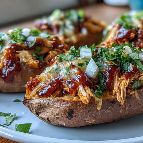 Oven-roasted sweet potato boats stuffed with tender shredded BBQ chicken, drizzled with tangy honey sauce and garnished.
