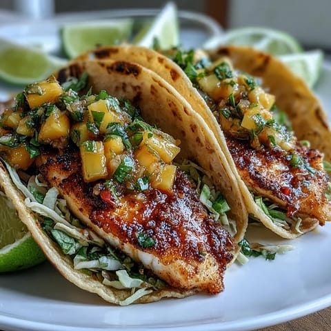Colorful mango salsa tilapia tacos stuffed with red cabbage and cilantro, served with lime wedges on a rustic wooden board.