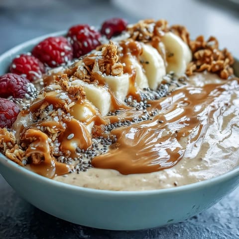 Vibrant Vegan Peanut Butter Banana Protein Smoothie Bowl with a thick, spoonable texture, featuring a peanut butter drizzle and cacao nibs, perfect for a post-workout snack.