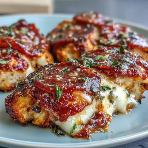 Freshly baked Keto Pepperoni Pizza Chicken Bake reveals golden, bubbly mozzarella over tender seared chicken breasts.