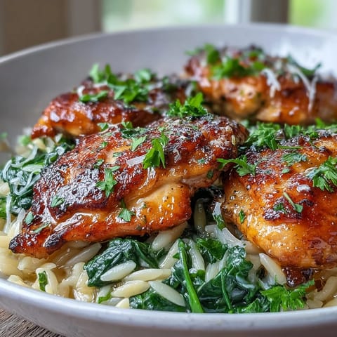 A rustic skillet of One-Pot Lemon Garlic Chicken and Orzo with Spinach, bright with lemon zest and wilted greens.