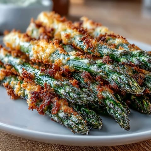 Warm, golden Parmesan-crusted asparagus and juicy chicken served over mixed greens with bright lemon vinaigrette.  