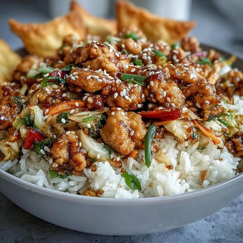 Deconstructed egg roll in a bowl: tender chicken, crisp veggies, and golden baked wonton strips for satisfying crunch.  