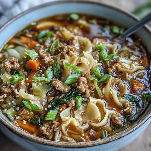 A steaming bowl of One-Pot Egg Roll Soup, featuring silky egg ribbons, crunchy cabbage, and ginger-infused broth for ultimate comfort.  