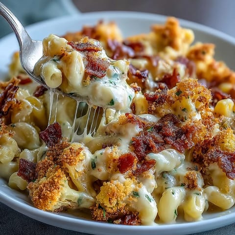 Low-carb cauliflower mac and cheese topped with smoky bacon crumbs and melted cheddar.  