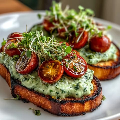 Avocado Pesto Sourdough Toast with Cherry Tomatoes and Microgreens: A vibrant, nourishing open-faced toast featuring creamy avocado pesto, juicy cherry tomatoes, and crisp microgreens atop rustic sourdough.